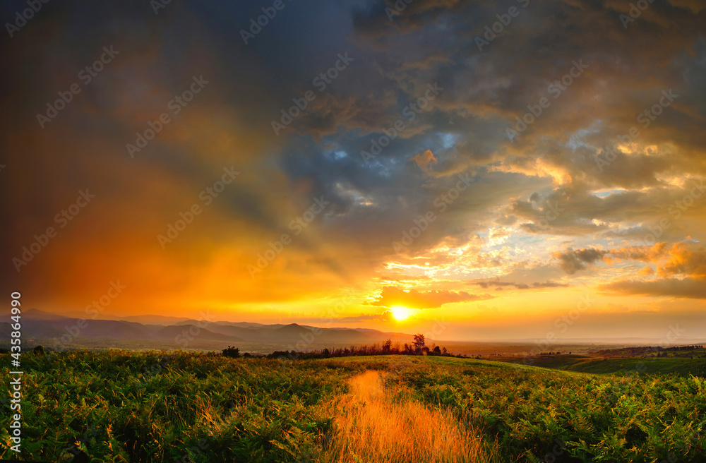 Colorful summer sunset with sun rays coloring the clouds