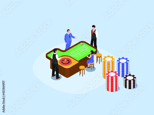 Casino isometric vector concept. Group of people playing on gambling table with stack of casino chip