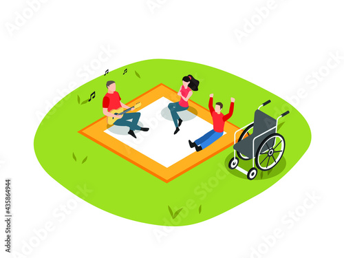 Handicapped person isometric vector concept. Handicapped boy having picnic with his parents while playing guitar and singing together
