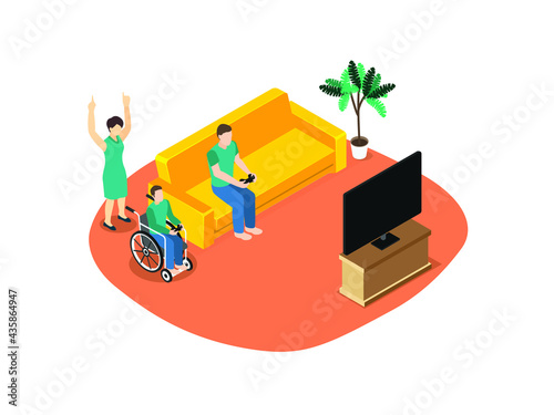 Handicapped person isometric vector concept. Handicapped boy sitting on wheelchair while playing video games with his father at home