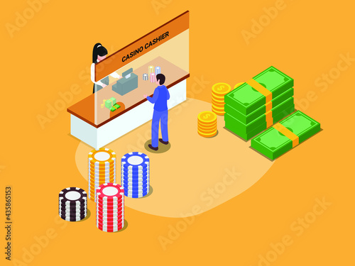 Casino isometric vector concept. Man standing on the casino cashier to change casino chip to money