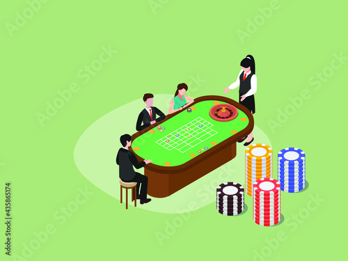 Casino isometric vector concept. Group of people playing on gambling table with female croupier and stack of casino chip