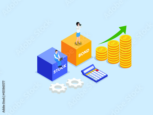 Corporate bonds vector concept. Business people with growth up arrow of corporate bonds, coins, and calculator