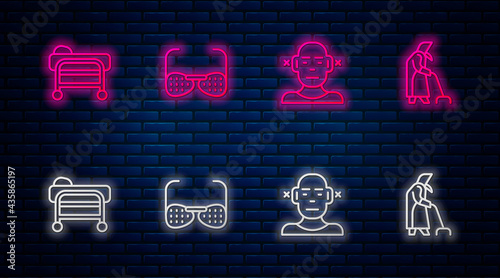 Set line Blind glasses, Deaf, Stretcher and Grandmother. Glowing neon icon on brick wall. Vector