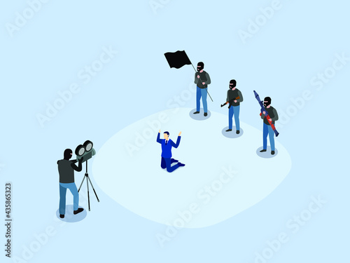 Terrorist isometric vector concept. Terrorist recording a threatening video with a male hostage