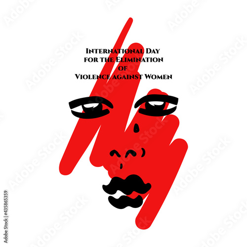 Vector illustration with a girl's face and a tear on a red background. International day for the elimination of violence against women. Postcard, poster, banner.