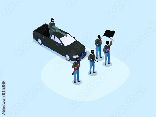 Terrorist isometric vector concept. Group of terrorist with weapon and machine gun on the car photo