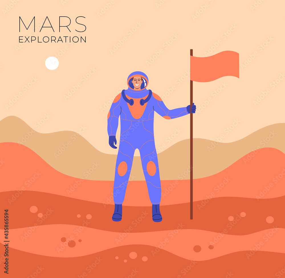 Illustration of an astronaut standing with a flag.