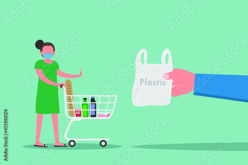 Rejection vector concept: Young woman rejecting plastic bag while carrying shopping cart