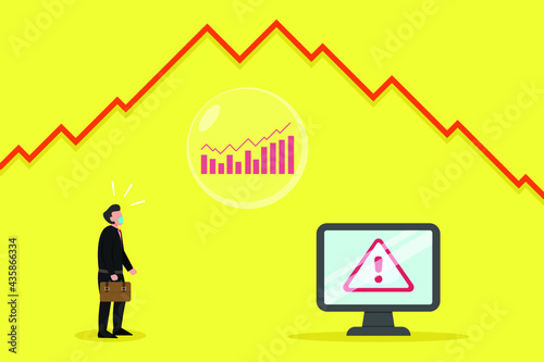 Financial bubble vector concepts. Businessman looking at stock market graph on the bubble with warning sign on the monitor