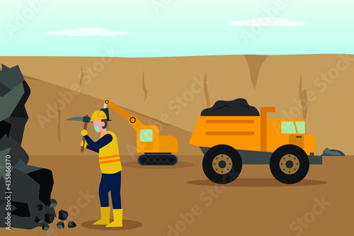 Coal vector concept. Coal miner using pickaxe to mine coal at mining site