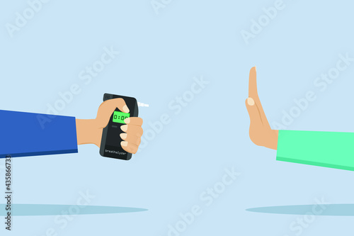 Rejection vector concept: Hand of young man rejecting to check breathalyzer with no gesture 