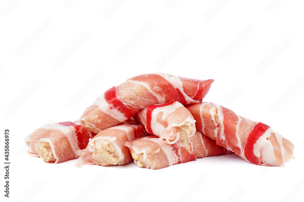 Fototapeta Ready to cook romanian meat rolls called mititei .Isolated on white .