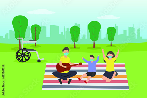 Disabled people vector concept: Young family enjoying leisure time in the park while wearing face mask in new normal