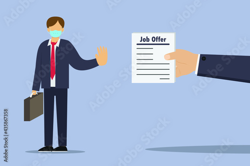 Rejection vector concept: Young man rejecting job offer while wearing face mask in new normal
