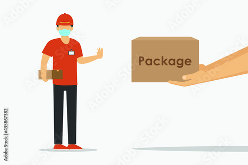 Rejection vector concept: Young man rejecting package from someone while wearing face mask in new normal
