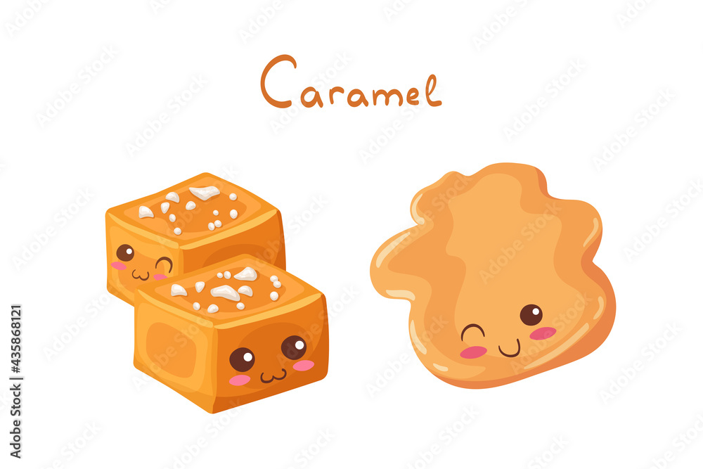Cute Melted Caramel Puddle and Salted Caramel Cubes stock vector