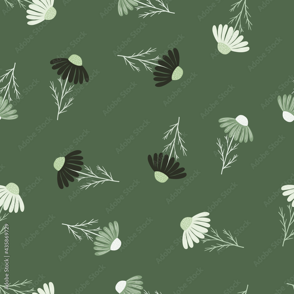 Vintage seamless pattern with random black and white camomile flowers print. Green background.