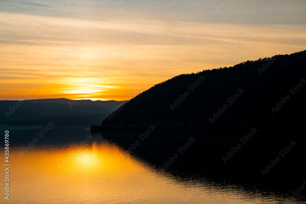 Sunset at Danube gorge in Djerdap on the Serbian-Romanian border