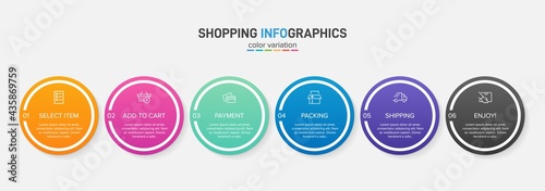 Concept of shopping process with 6 successive steps. Six colorful graphic elements. Timeline design for brochure, presentation, web site. Infographic design layout.