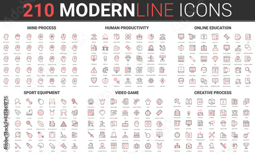 Brain mental creative process, mind education and human productivity, online video game line icon vector illustration set. Red black thin linear brainstorm training symbols, sports gym equipment