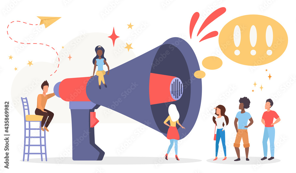 Marketing promotional campaign flat illustration. PR management and advertisement. Announcement, broadcast concept. Big loudspeaker and marketers characters team isolated on white background