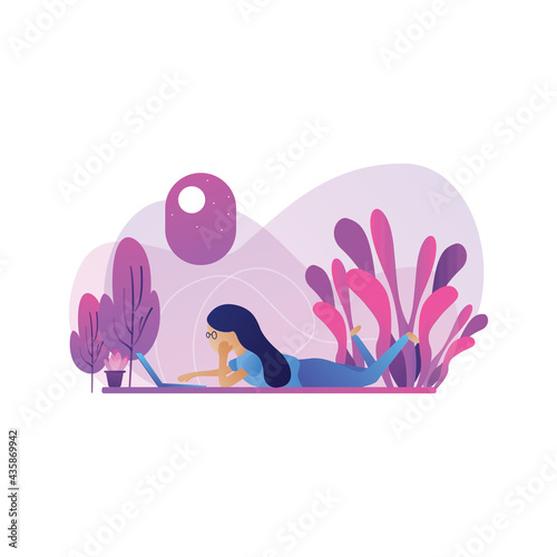 Modern flat illustration of a teenager lying on his stomach and opening his laptop © ZulfanAl