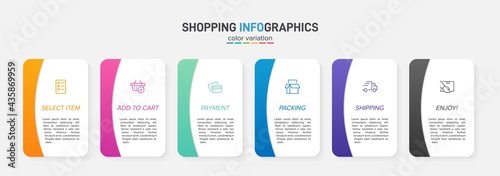 Concept of shopping process with 6 successive steps. Six colorful graphic elements. Timeline design for brochure, presentation, web site. Infographic design layout.