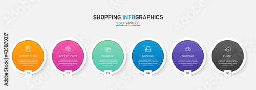 Concept of shopping process with 6 successive steps. Six colorful graphic elements. Timeline design for brochure, presentation, web site. Infographic design layout.
