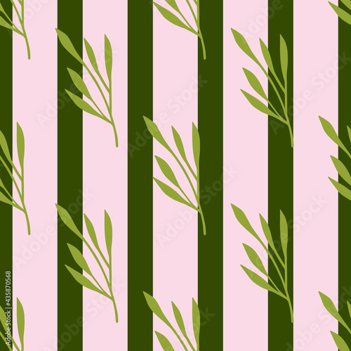 Decorative seamless pattern with doodle green leaf silhouettes. Striped green and pink background.