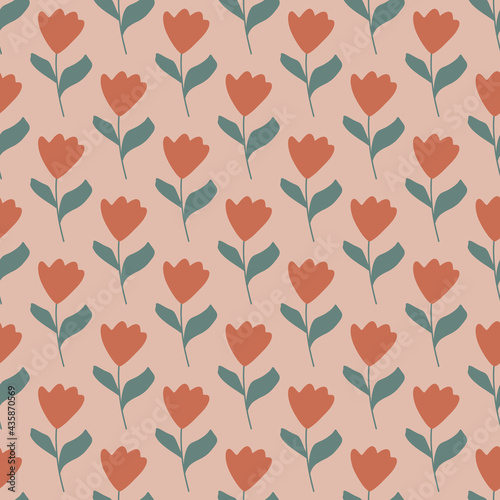 Pale red simple tulip flowers silhouettes seamless pattern in doodle style. Pink background. Doodle style.