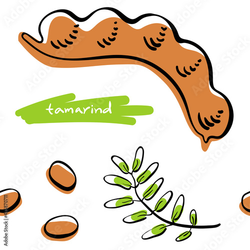 Seamless pattern with tamarind in black line sketchy style isolated on white background. Tropical fruits. Doodle hand drawn vector illustration