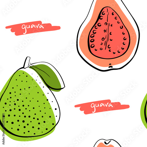 Seamless pattern with guava in black line sketchy style isolated on white background. Tropical fruits. Doodle hand drawn vector illustration