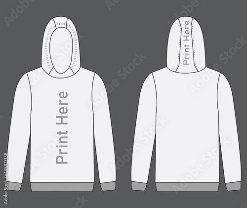 Hooded sweatshirt flat technical sketch vector drawing. Body and hoodie show on print area.