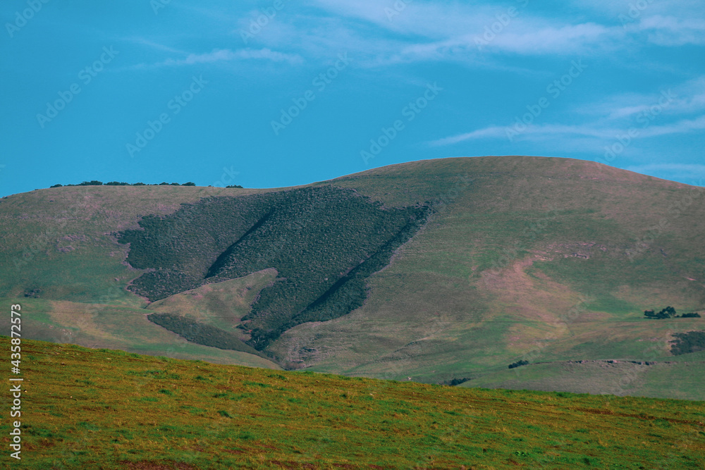 low mountain hillside lush with green grass and farmland with bright sunny blue sky