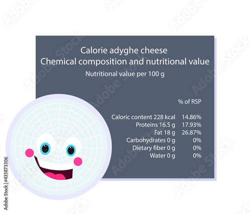 Adyghe cheese. Calorie table of products. Chemical composition and nutritional value. Energy value of food. Weight loss meal plan. Blank with the image of cartoon food.