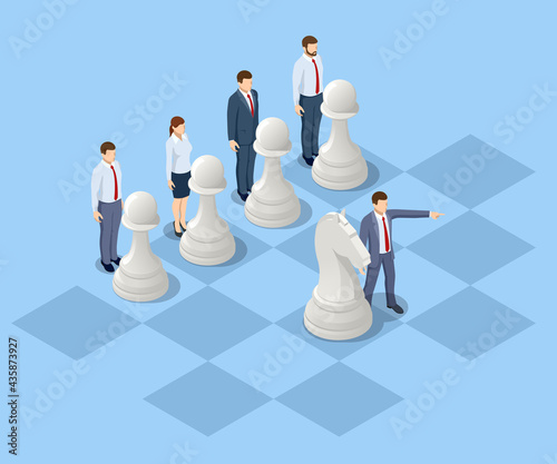 Concept business strategy. Isometric businessmen and women playing chess game reaching to plan strategy for success. Achieving goals business strategy for win, management or leadership.