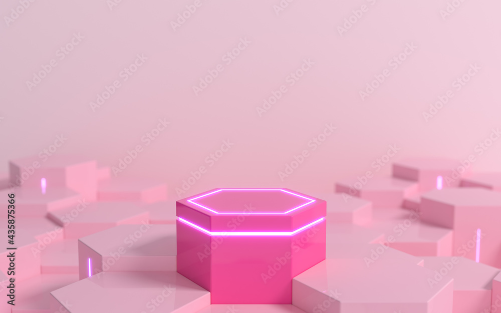 Futuristic pink hexagonal sci-fi pedestal with purple neon light for display product showcase, 3d rendering Futuristic pink hexagonal sci-fi pedestal with purple neon light for display product showcase, 3d rendering
