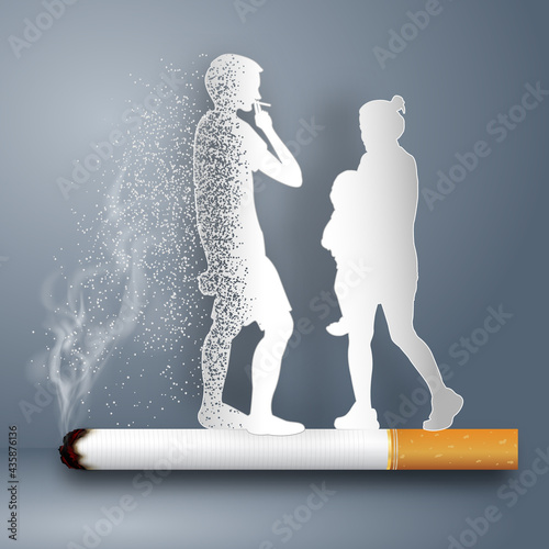 Cigarettes destroy the family as healthy, no smoking day world , craft style and paper art concept. vector illustration