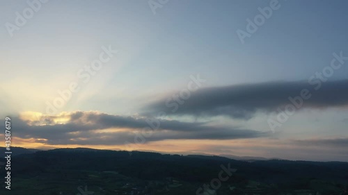 Sunrise in the mountains of black forest, drone video, morning in the forest