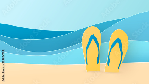 Flip flops on beach. Sandy beach background. Top view and copy space. Yellow slippers on sand at the beach. Paper cut and craft style illustration