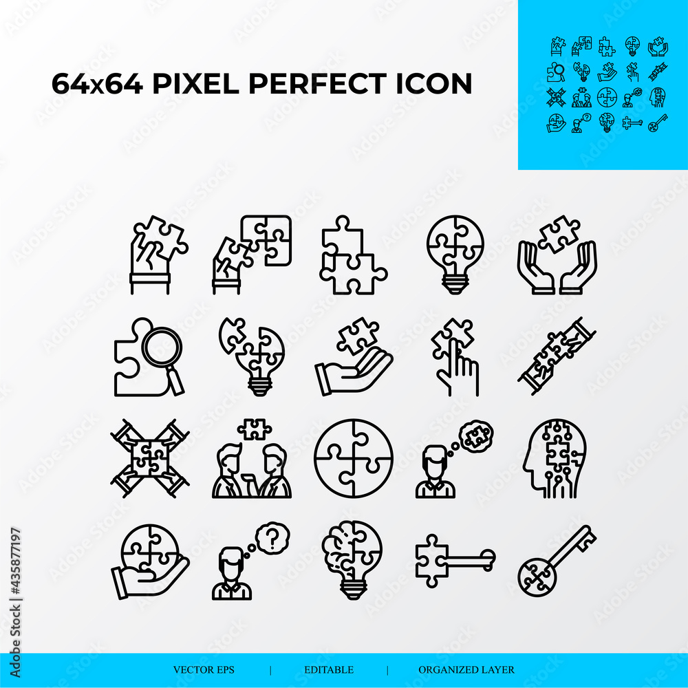 Set of Puzzle Related Vector Line Icons. Problem solving, puzzle pieces, problem discussion.64x64 pixel perfect icons Set of Puzzle Related Vector Line Icons. Problem solving, puzzle pieces, problem discussion.64x64 pixel perfect icons