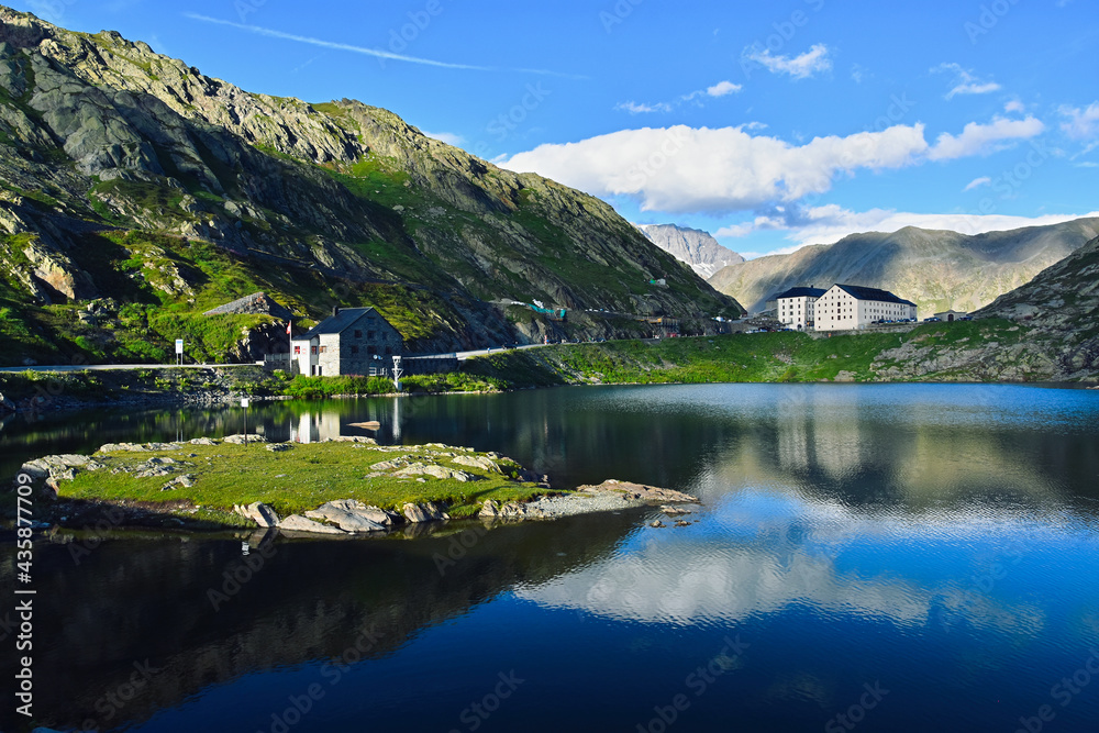 Fototapeta premium Great St Bernard who connects Martigny in the canton of Valais, Switzerland with Aosta in the region Aosta Valley, Italy . It is one of the most ancient passes through the Western Alps. 