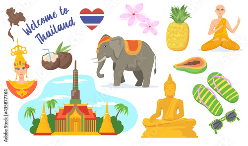 Set of Thailand symbols cartoon vector illustration. Thai elephant, Bangkok palace, Buddha statue, cocktails, fruits, princess, yogi. Travel, tourism, vacation, holidays concept for banner design © PCH.Vector