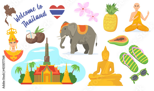 Set of Thailand symbols cartoon vector illustration. Thai elephant, Bangkok palace, Buddha statue, cocktails, fruits, princess, yogi. Travel, tourism, vacation, holidays concept for banner design