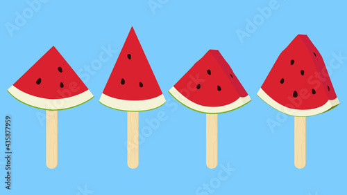 Fruit popsicle. Sliced fresh watermelon with popsicle sticks on blue background. Vector illustration