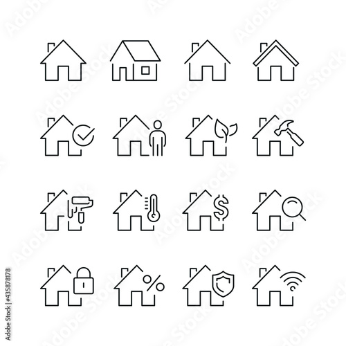 Real estate related icons: thin vector icon set, black and white kit