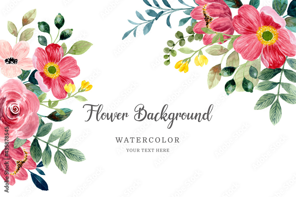 Fototapeta premium Red flower frame background with watercolor