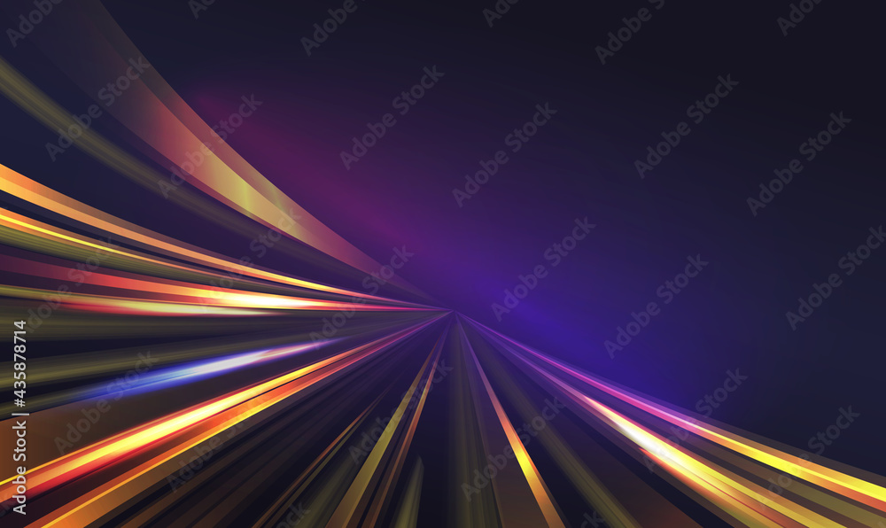 Light speed motion trail, blur streak effect vector illustration. Long exposure fast car transport lights on road city tunnel dark background, blurred shine lamp tails, abstract highway transportation Light speed motion trail, blur streak effect vector illustration. Long exposure fast car transport lights on road city tunnel dark background, blurred shine lamp tails, abstract highway transportation