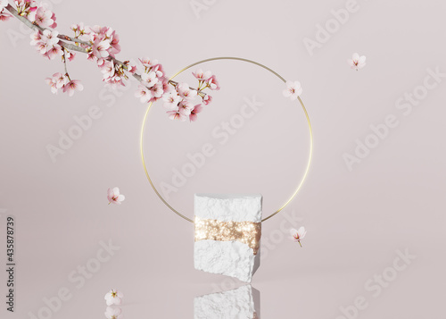 3D background, white rock podium, stone display with circle rim frame. Sakura pink flower branch, . Cosmetics, beauty product promotion step pedestal with gold. Abstract minimal banner 3D render